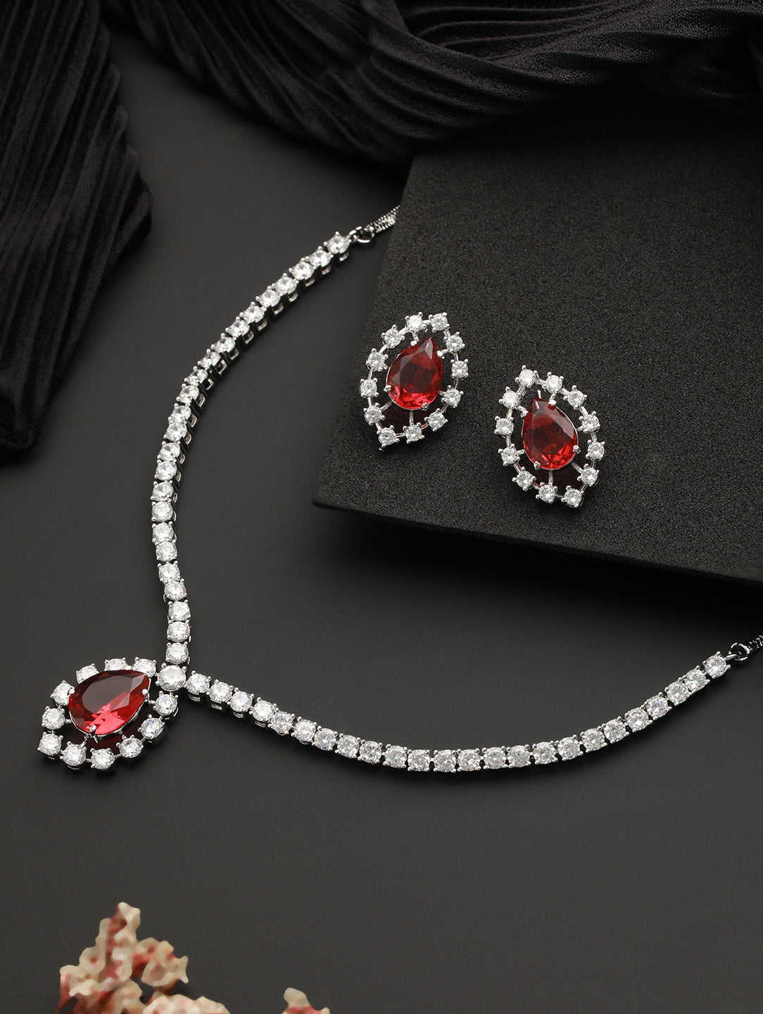 Silver Plated Red CZ Studded Minimal Delicate Jewellery Set